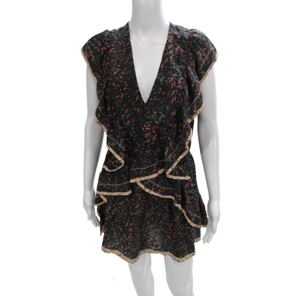 IRO Women Wrap Dress Black Silk V Neck Short Sleeve Mini Boho Size 38